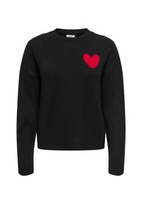 Maglione nero lavorato a maglia con colletto rotondo e maniche lunghe, caratterizzato da un design testurizzato a forma di cuore rosso nella zona sinistra del petto.