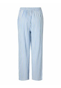 Pantalon ample à rayures verticales bleu clair et blanc avec taille élastique, présenté sur un fond blanc uni.