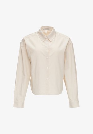 Light beige button-up shirt with vertical white stripes, featuring a standard collar and long sleeves, made from smooth fabric.