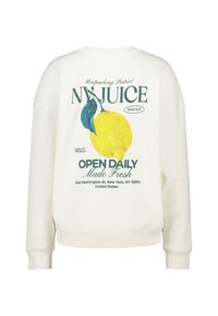 White sweatshirt featuring a yellow lemon graphic and text on the back, with green lettering and ribbed cuffs at the sleeves and hem.
