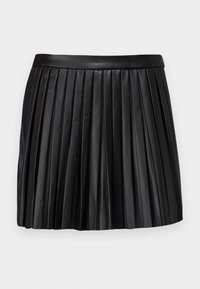 Jupe mini plissée en cuir noir avec une ceinture lisse, présentant des plis verticaux et un design propre et structuré.