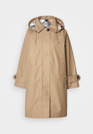 Beige raincoat with a hood, featuring a check-patterned inner lining, buttoned cuffs, and front pockets. Made from a water-resistant fabric.