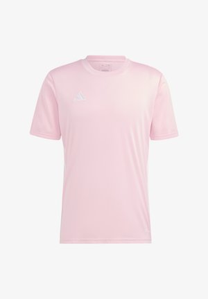 Light pink short-sleeve athletic t-shirt made of lightweight material. Features white Adidas logo and side accents. Smooth texture, round neck.