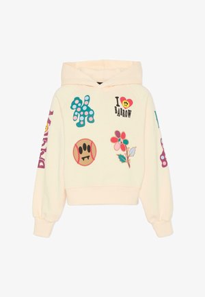 Felpa con cappuccio color crema con varie toppe colorate, tra cui fiori, una palla da baseball e testo giocoso. Realizzata in tessuto morbido con polsini a coste.