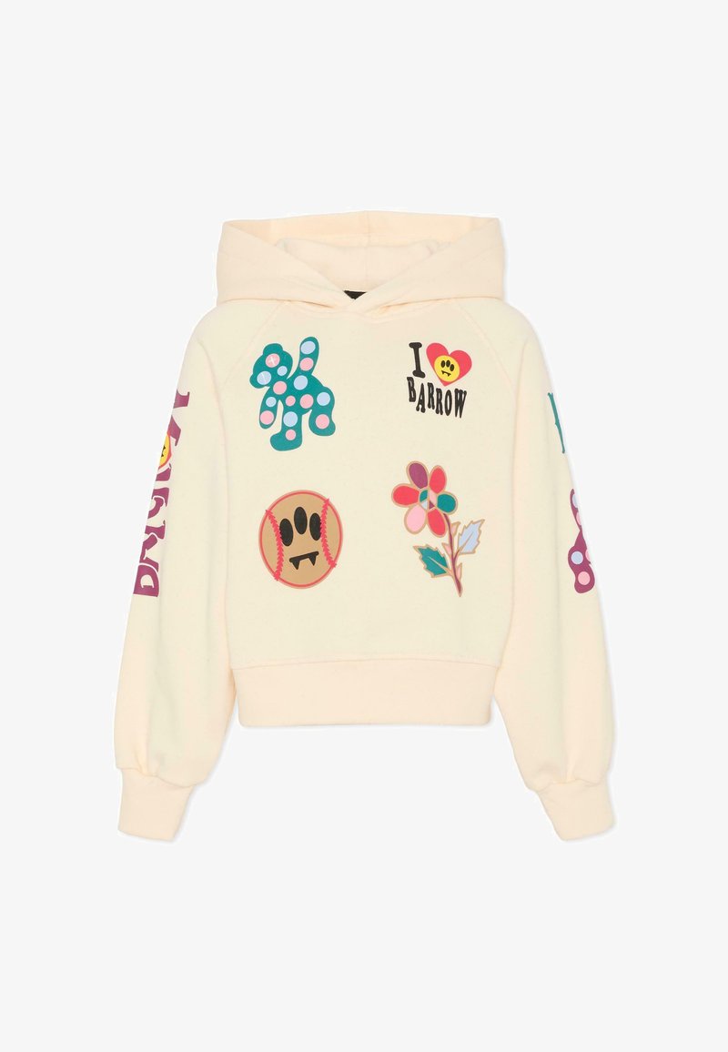 Bluza z kapturem w kremowym kolorze ozdobiona jest różnokolorowymi naszywkami, w tym kwiatami, piłką do baseballu i zabawnym napisem. Wykonana z miękkiego materiału, z ściągaczami przy rękawach.