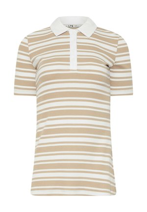 Polo a maniche corte a righe orizzontali beige e bianche, con colletto bianco e abbottonatura.