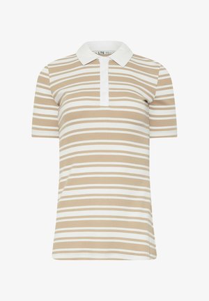 Beige en wit horizontaal gestreept polohemd met korte mouwen, witte kraag en knoopsluiting.