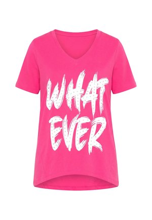 Bright pink short-sleeve V-neck T-shirt with white bold brushstroke text reading "WHATEVER" on the front.