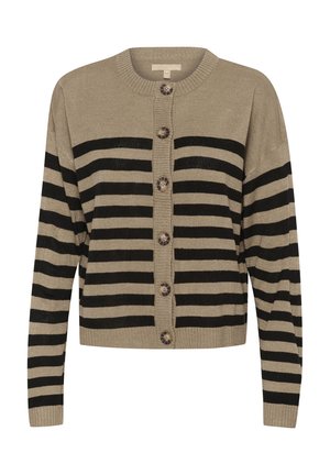 Strikket cardigan i beige og sort, med rund halsudskæring, lange ærmer og seks knaplukninger med strukturerede detaljer.
