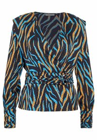 Blusa avvolgente navy con un audace motivo a strisce di tigre arancioni e turchesi. Presenta maniche lunghe e un dettaglio in vita arricciato.