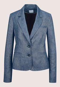 Blauwe denim blazer met twee knopen, notch revers, lange mouwen en klepzakken, op maat gemaakt voor een getailleerde silhouet.