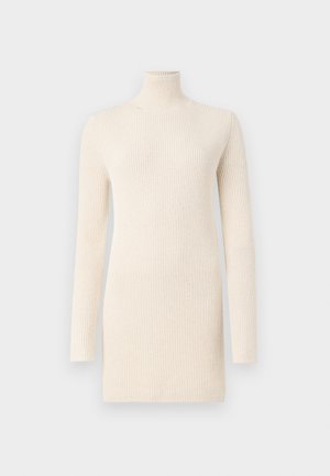 Cream turtleneck dress made of ribbed knit fabric. Features long sleeves and a fitted shape, providing a smooth, textured appearance.