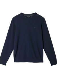 Navy blue sweater made from soft knit material, featuring long sleeves, a crew neckline, and a small logo on the chest, with ribbed cuffs.