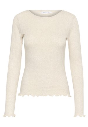 Lys beige langærmet top med ribbet tekstur og en scalloped kant. Har rund halsudskæring og tætsiddende silhuet. Blød stoffinish.