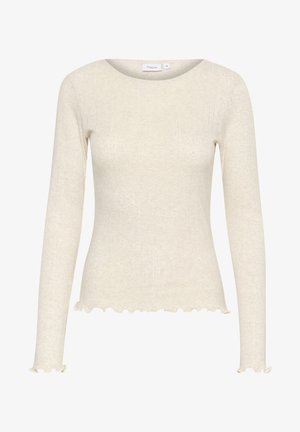 Top lungo beige chiaro a maniche lunghe con texture a coste e orlo scallop. Caratterizzato da scollo tondo e silhouette aderente. Tessuto morbido.