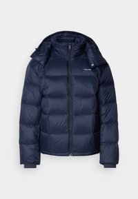 Navy puffer jacket made of shiny, quilted fabric. Features a high collar, full front zipper, and fitted cuffs for warmth. Logo on the chest.