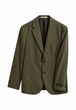 Blazer vert olive à fines rayures, col cranté, fermeture à deux boutons, poches plaquées devant et doublure noire.
