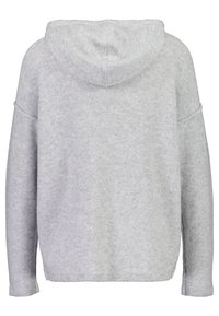 Maglione grigio con cappuccio e maniche lunghe, caratterizzato da una texture morbida, una vestibilità comoda e spacco laterale all'orlo per comfort e facilità di movimento.