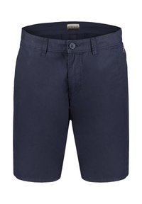 Pantaloni corti di cotone blu navy con chiusura a bottone, tasche laterali e taglio dritto. Texture liscia con un design pulito e senza fantasie.