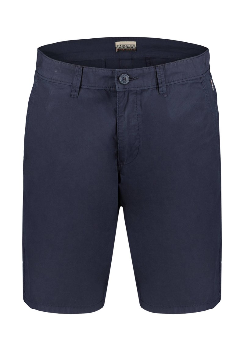 Pantaloni corti di cotone blu navy con chiusura a bottone, tasche laterali e taglio dritto. Texture liscia con un design pulito e senza fantasie.