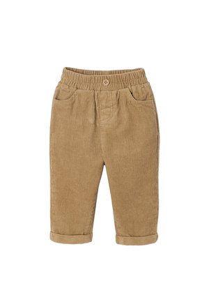 Beige corduroy toddler pants with elastic waistband, button, two front pockets, and cuffed hems.