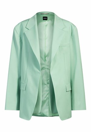 Blazer verde chiaro realizzato in tessuto liscio, con rever a punta, tasca frontale singola e spalle strutturate; interno non foderato.