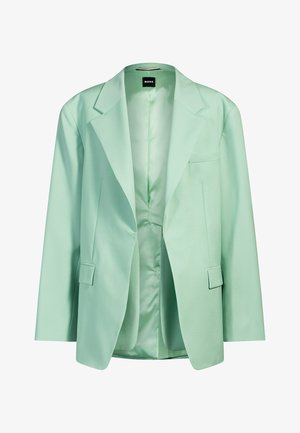 Blazer verde chiaro realizzato in tessuto liscio, con rever a punta, tasca frontale singola e spalle strutturate; interno non foderato.