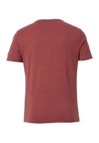Camiseta de manga corta en un tejido marrón jaspeado; diseño de cuello redondo; textura suave con un ajuste relajado y sin patrones visibles.