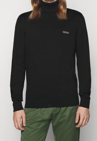 Pull à col roulé noir en tissu doux, avec un ourlet et des poignets côtelés. Détail du logo doré sur le côté gauche à l'avant. Associé à un pantalon vert.