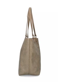 Borsa tote in pelle beige con due manici a spalla, finitura testurizzata, branding sottile e scomparto con zip sul lato.
