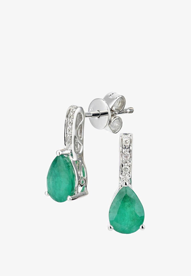 Žalių lašo formos auskarų pakabukai, pagaminti iš sidabro su dekoratyviniais akcentais ir poliruotu paviršiumi. Aiškūs akmenys puošia dizainą.