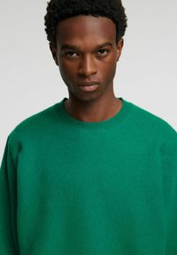 Zielony dziany sweter z okrągłym dekoltem, cechujący się miękką fakturą i luźnym krojem. Widok z bliska z gładkim wykończeniem i bez widocznych wzorów.