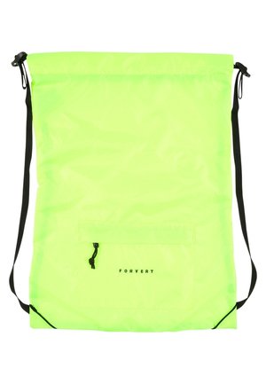 Neon groene rugzak met trekkoord, zwarte verstelbare bandjes en een klein voorvak met rits, met het label "FORVERT" in zwarte letters.