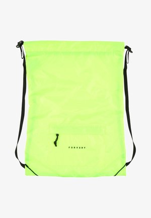 Sac à dos vert néon à cordon avec bretelles réglables noires et petite poche zippée frontale étiquetée "FORVERT" en texte noir.