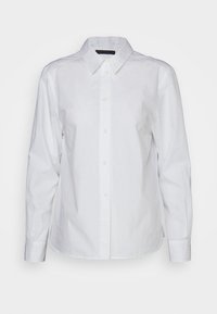 Weißes langärmliges Button-Down-Hemd aus Baumwolle, mit klassischem Kragen, Frontblende und abgerundetem Saum. Glatte Textur, klares Design.
