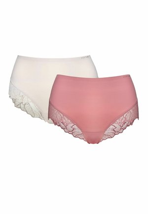 Two high-waisted women's underwear in pink and white, each with lace trim along the leg openings and smooth fabric body.