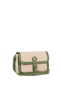 Borsa a tracolla verde e beige con texture intrecciata, dotata di chiusura a pattina, hardware dorato e tracolla regolabile. Finiture lisce in evidenza.