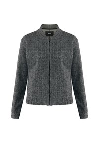 Herringbone-patterned bomber jacket in black and grey, featuring a zip closure, ribbed collar, and cuffs, with a slightly relaxed fit.