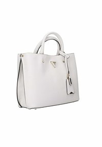 Borsa tote in pelle bianca con manici doppi, hardware argentato, borchie decorative e un'etichetta removibile. Finitura testurizzata, forma rettangolare.