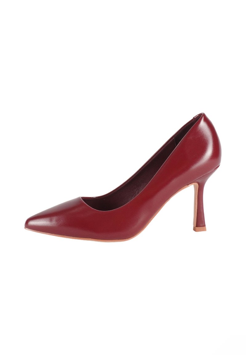 Pump bordeaux con tacco alto, design a punta, realizzato in pelle liscia e lucida, con un sottile tacco a stiletto.