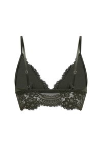 Donkergroen kanten bralette met verstelbare dunne bandjes en gekartelde kanten rand langs de onderkant en randen.