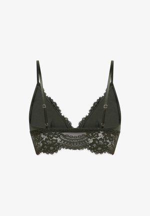 Donkergroen kanten bralette met verstelbare dunne bandjes en gekartelde kanten rand langs de onderkant en randen.