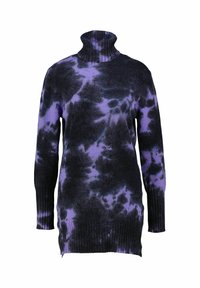 Hochkragen-Strickpullover mit schwarzem Grundton und lila Batikmustern, gerippten Manschetten und Saum. Weicher Stoff und lässige Passform.