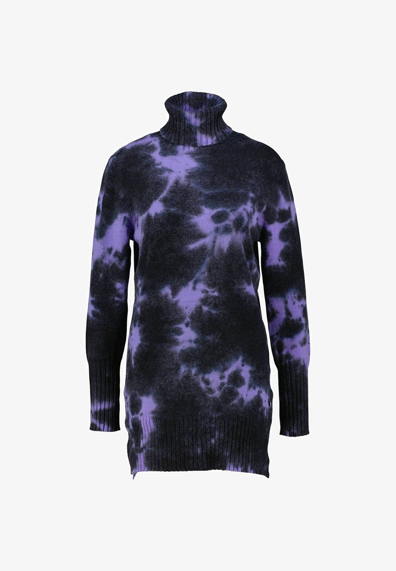 Hochkragen-Strickpullover mit schwarzem Grundton und lila Batikmustern, gerippten Manschetten und Saum. Weicher Stoff und lässige Passform.