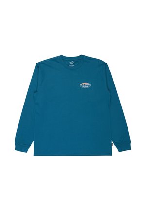 Camisola de manga longa em teal, com decote arredondado e pequeno logótipo da Billabong que apresenta ondas e um pôr do sol no lado esquerdo do peito.