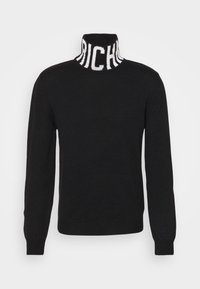 Černý rolák s žebrovanou strukturou. Obsahuje bílý značkový límec s textem "RICH"; dlouhé rukávy a přiléhavý siluetu.