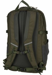 Backpack in dark green fabric with padded mesh back, adjustable straps, side pockets, and hardware clips for securing items.