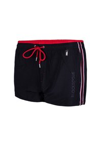 Pantaloni da bagno neri con cordoncino rosso, vita elastica e tasche laterali. Presentano strisce bianche e rosse sui lati e logo branding.
