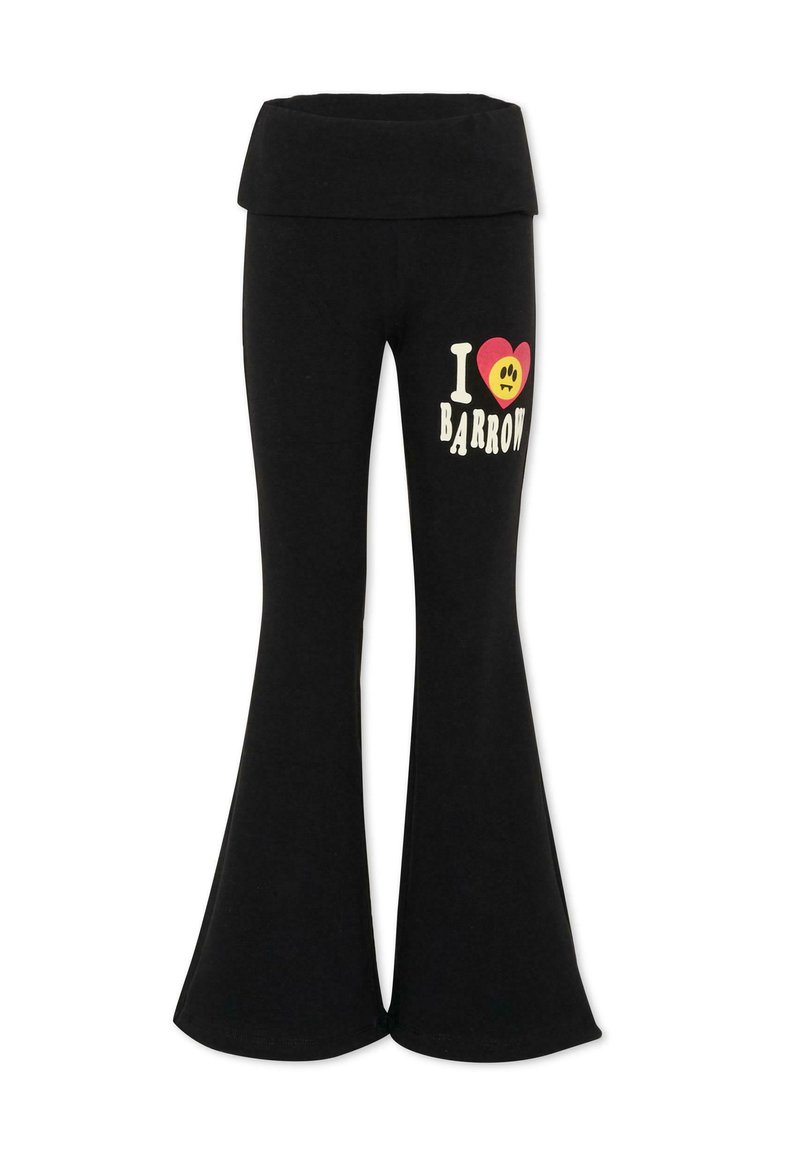 Pantaloni neri a campana con una cintura ampia, caratterizzati da una grafica che recita "I ❤️ BARROW" con una faccina sorridente in rosso e giallo.