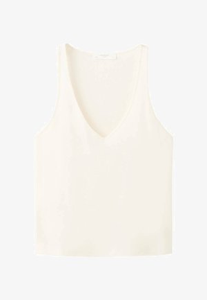 Top bez rukava s V-izrezom od tkanine u boji slonovače, glatke teksture, ležernog kroja, s ravnim rubom, s minimalističkim dizajnom.